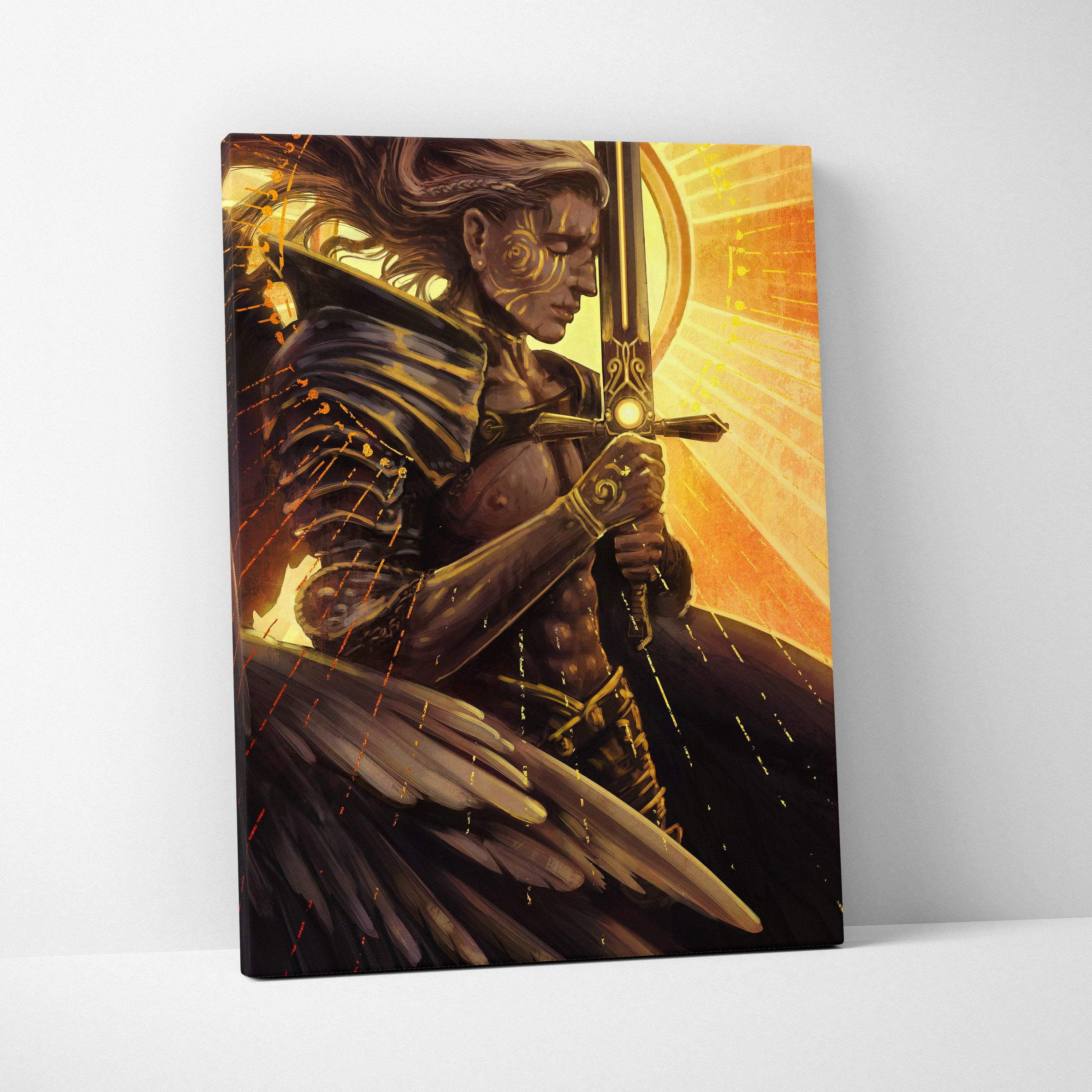 Golden seraph knight canvas art featuring an armored angelic warrior with golden accents and glowing sword on orange background