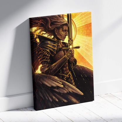 Golden seraph knight canvas art of armored angelic warrior with wings holding sword against radiant sunburst background