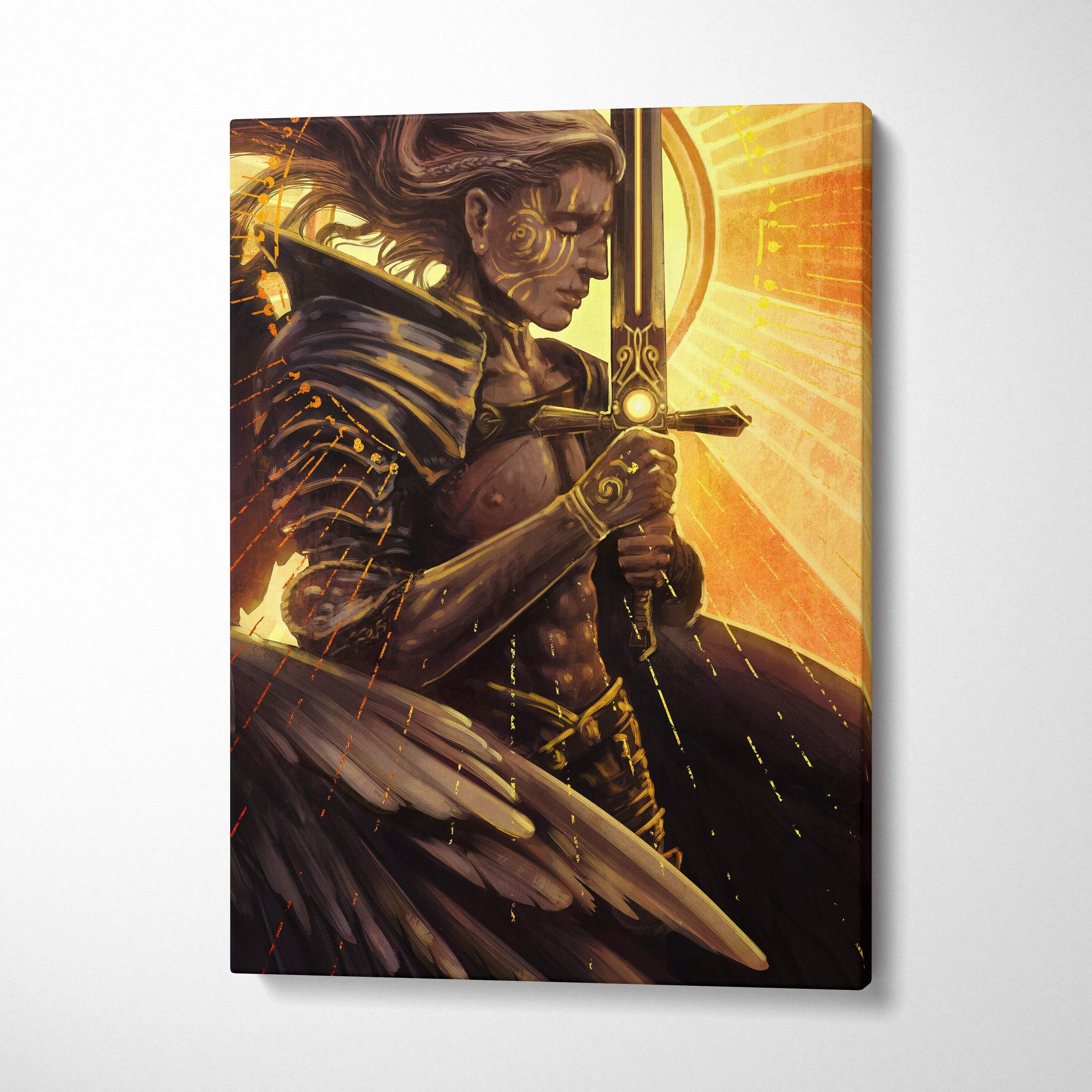 Canvas print of a fantasy warrior in golden armor with wings holding an ornate sword on a radiant orange background