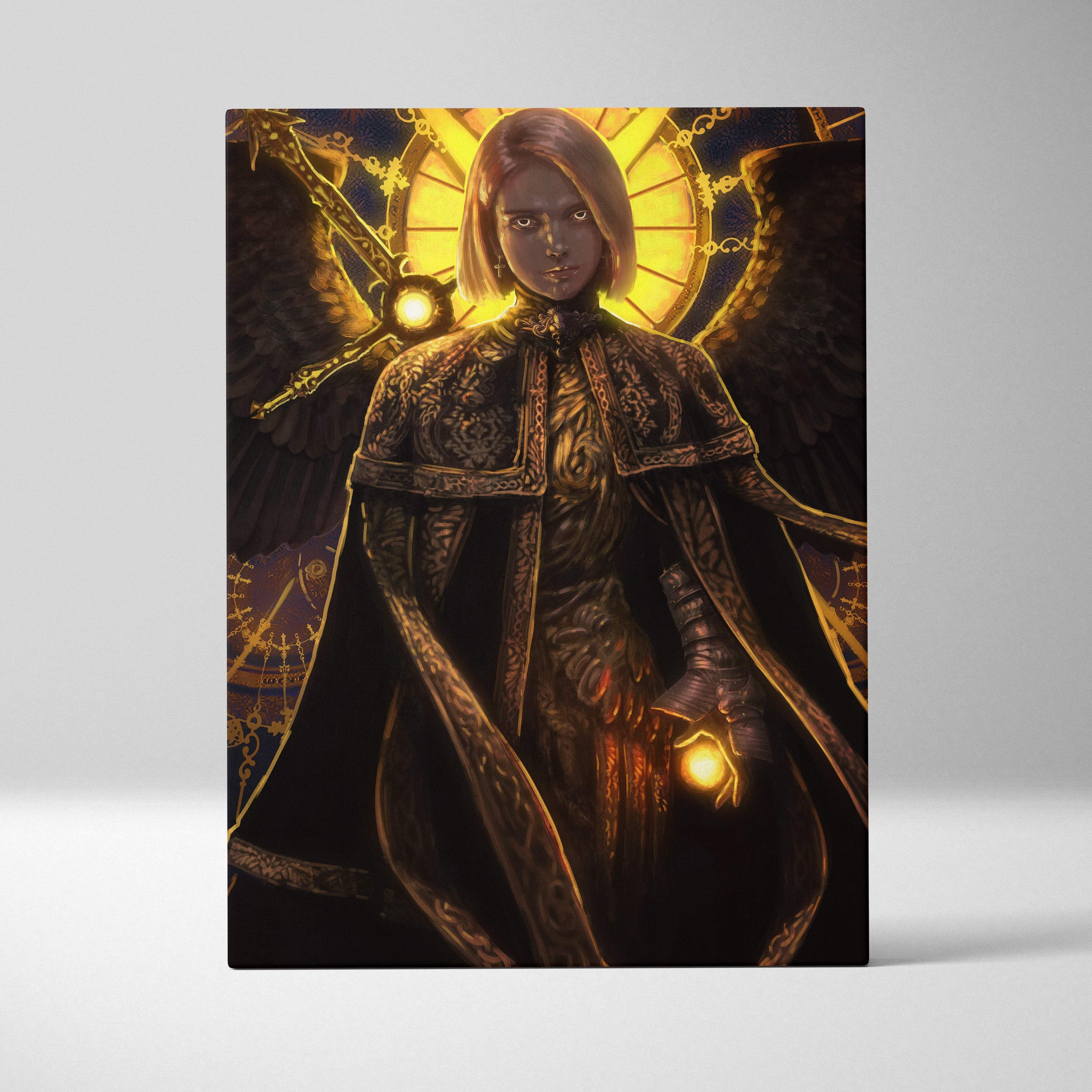 A rectangular canvas print of a dark fantasy seraphim angel with golden wings and black gold ornate armor