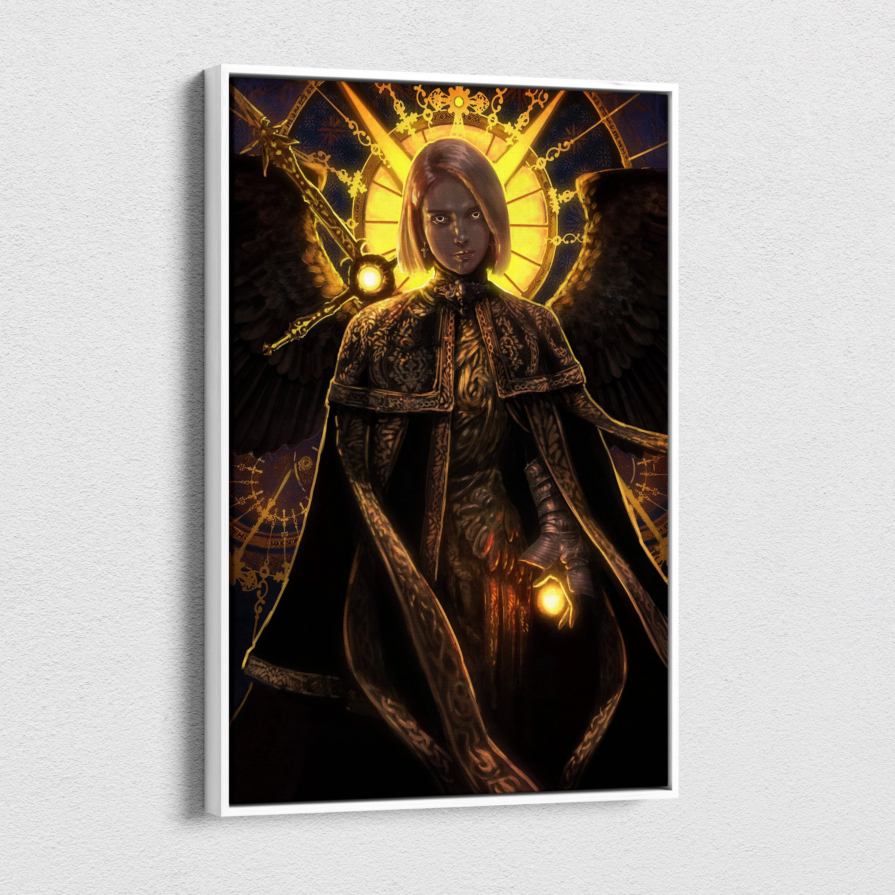 Dark seraphim angel canvas art featuring a dark armored figure with golden wings on a radiant yellow background
