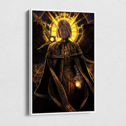 Dark seraphim angel canvas art featuring a dark armored figure with golden wings on a radiant yellow background