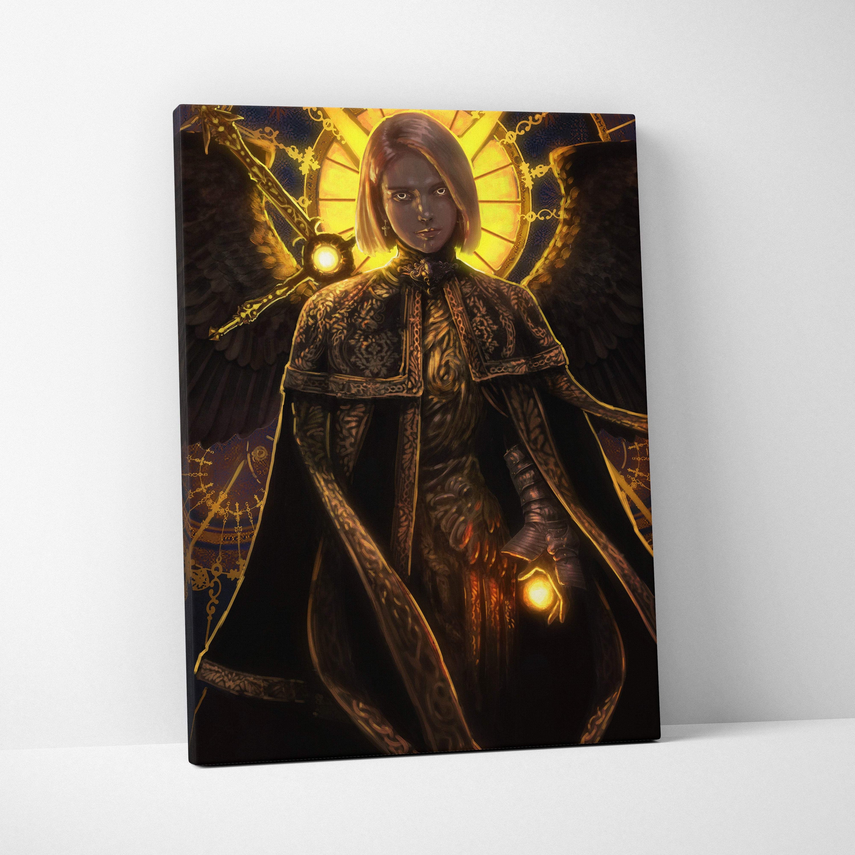 Dark seraphim angel canvas art featuring a gothic winged warrior in ornate black and gold armor with glowing halo accents