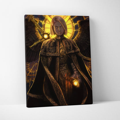 Dark seraphim angel canvas art featuring a gothic winged warrior in ornate black and gold armor with glowing halo accents