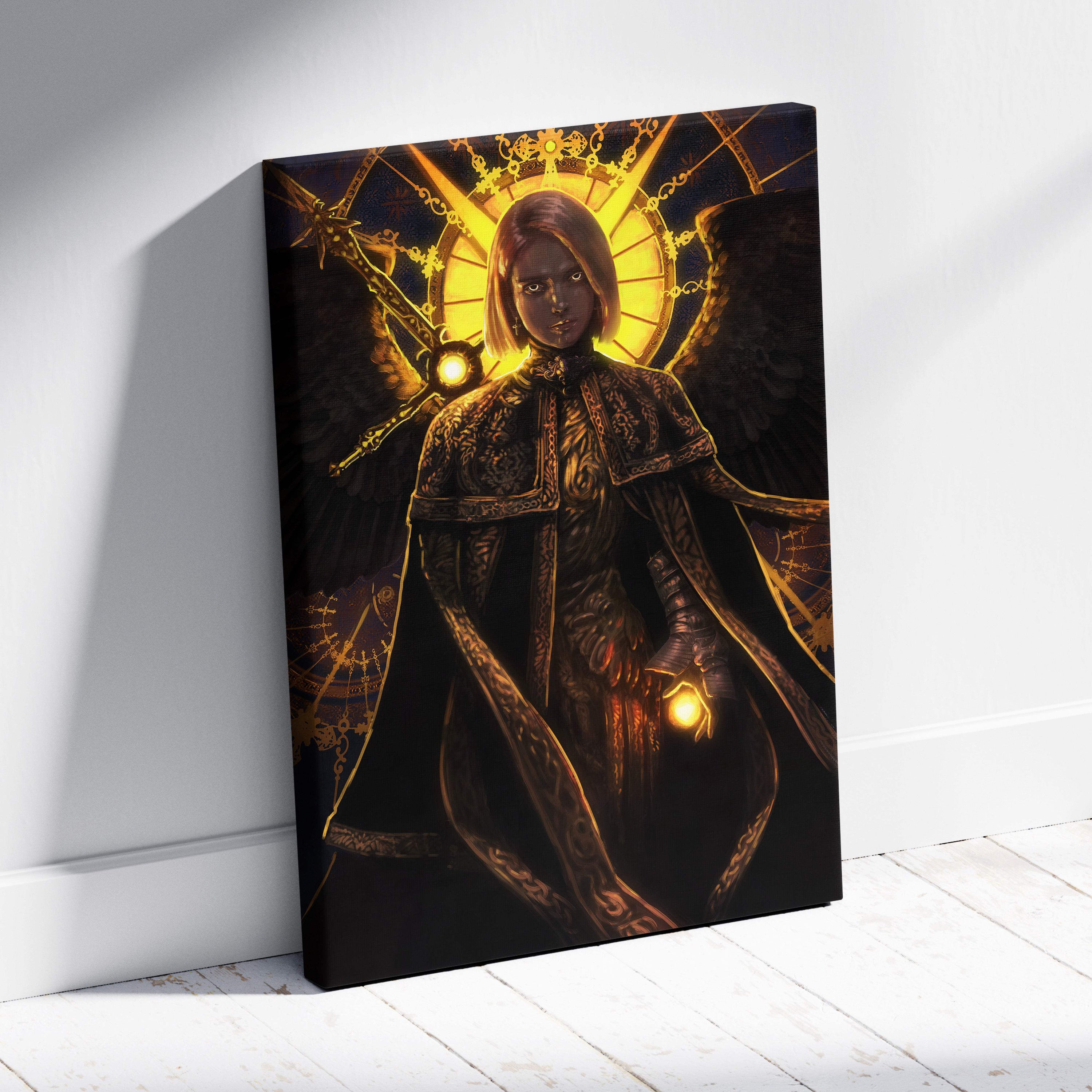 Dark seraphim angel canvas art featuring a gothic winged warrior in black and gold armor with glowing halo wings