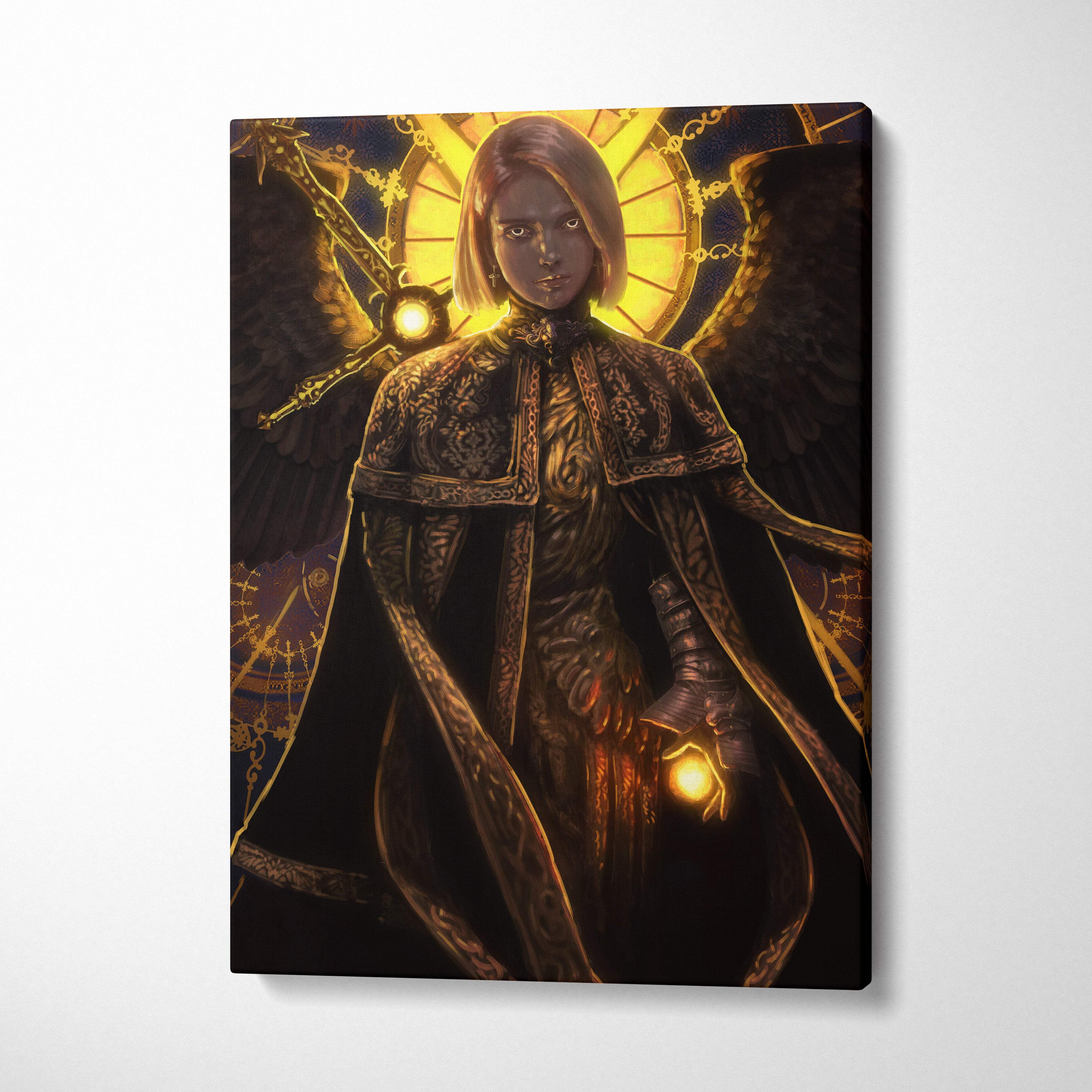 Dark seraphim angel canvas art featuring a dark intricately embroidered cape with gold detailing and high collar