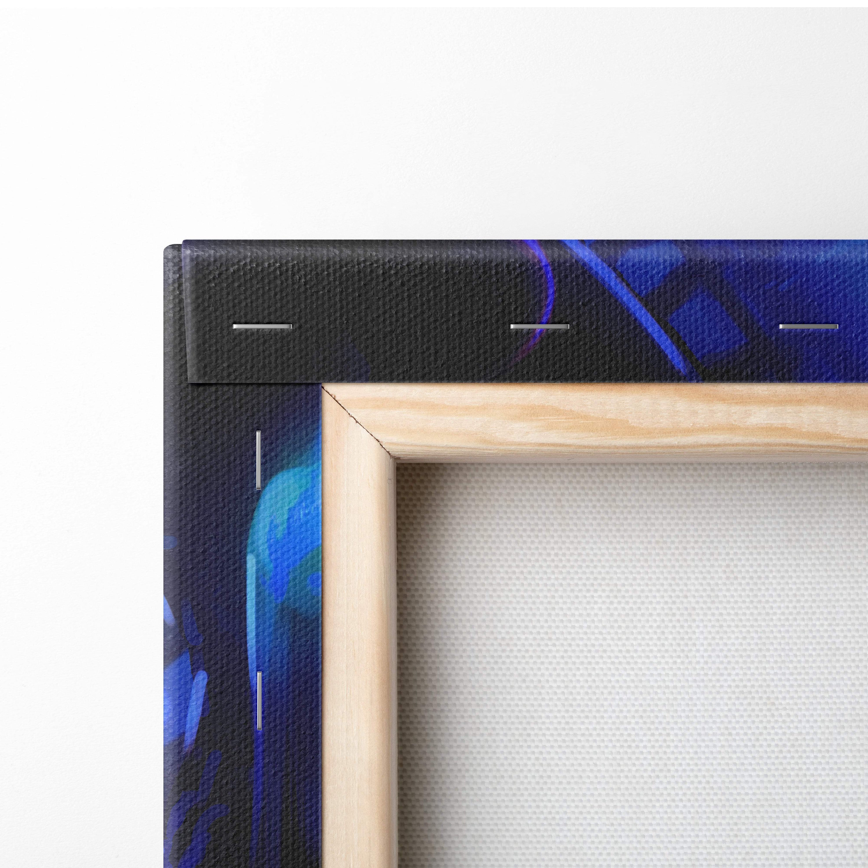 Mystic blue angel warrior canvas art with blue abstract design light wood frame and black textured border wall decor