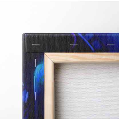 Mystic blue angel warrior canvas art with blue abstract design light wood frame and black textured border wall decor