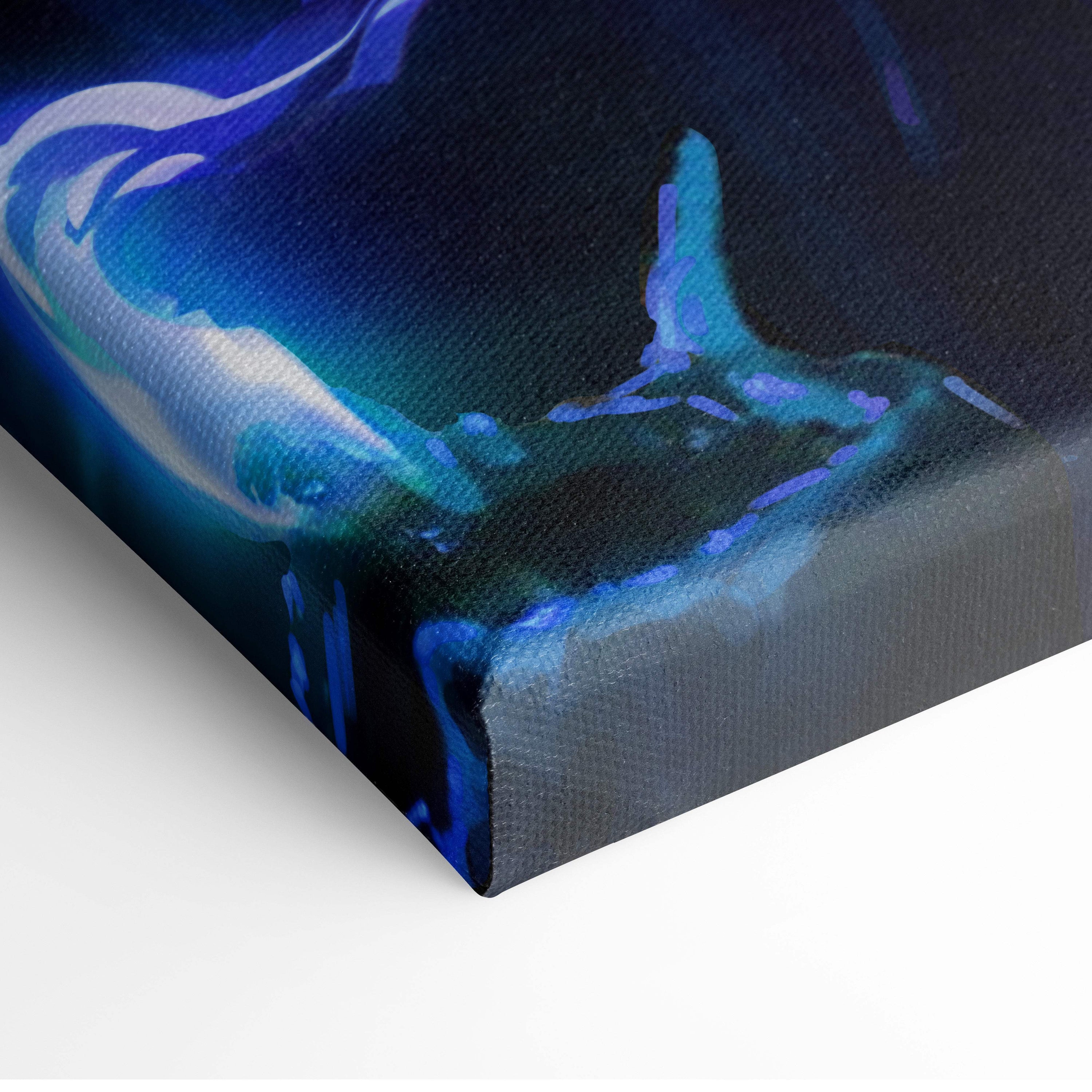 A canvas print of a stylized blue and white orca whale on a dark background featured in mystic blue angel warrior art