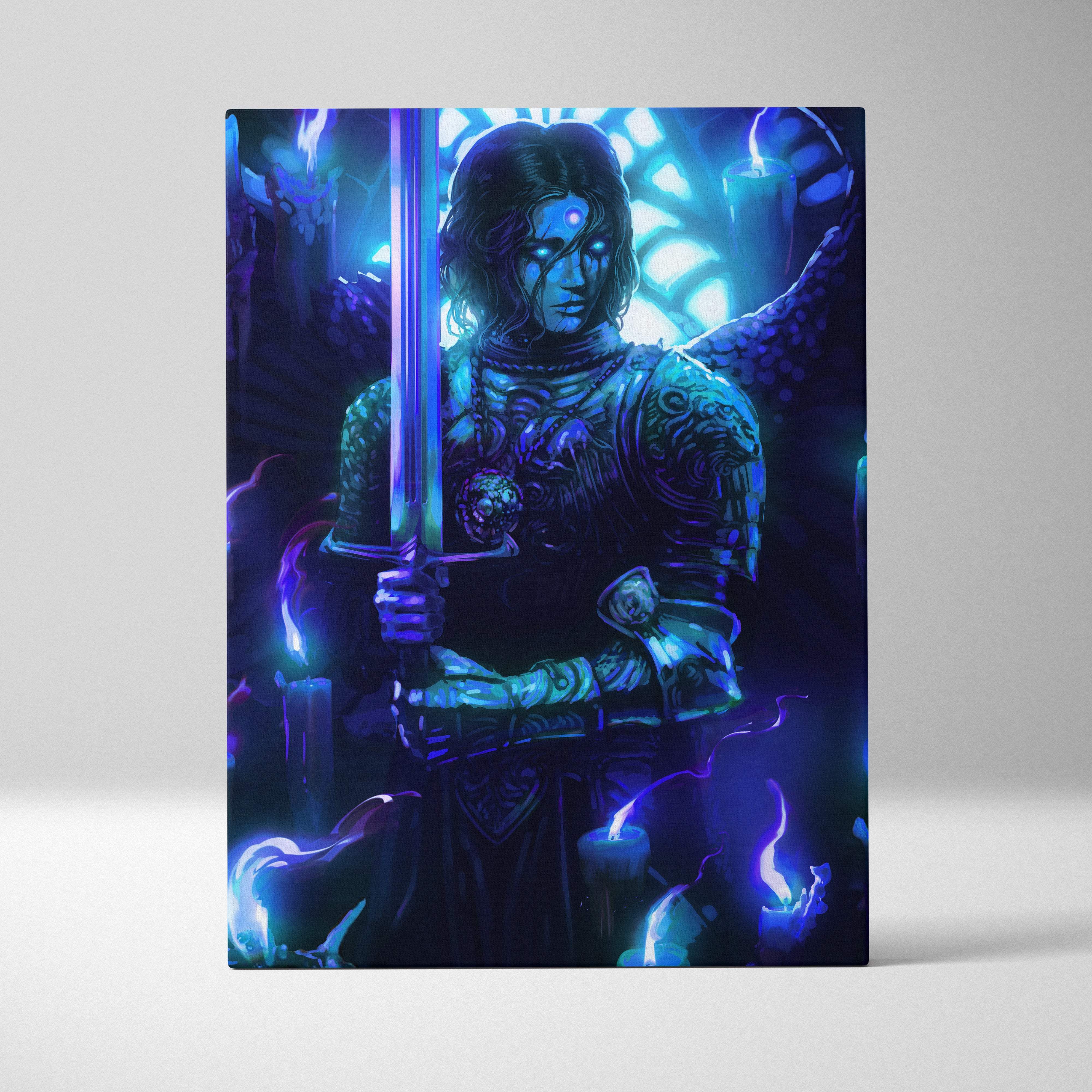 Mystic blue angel warrior canvas art featuring a blue-lit armored figure with glowing sword and neon blue aura
