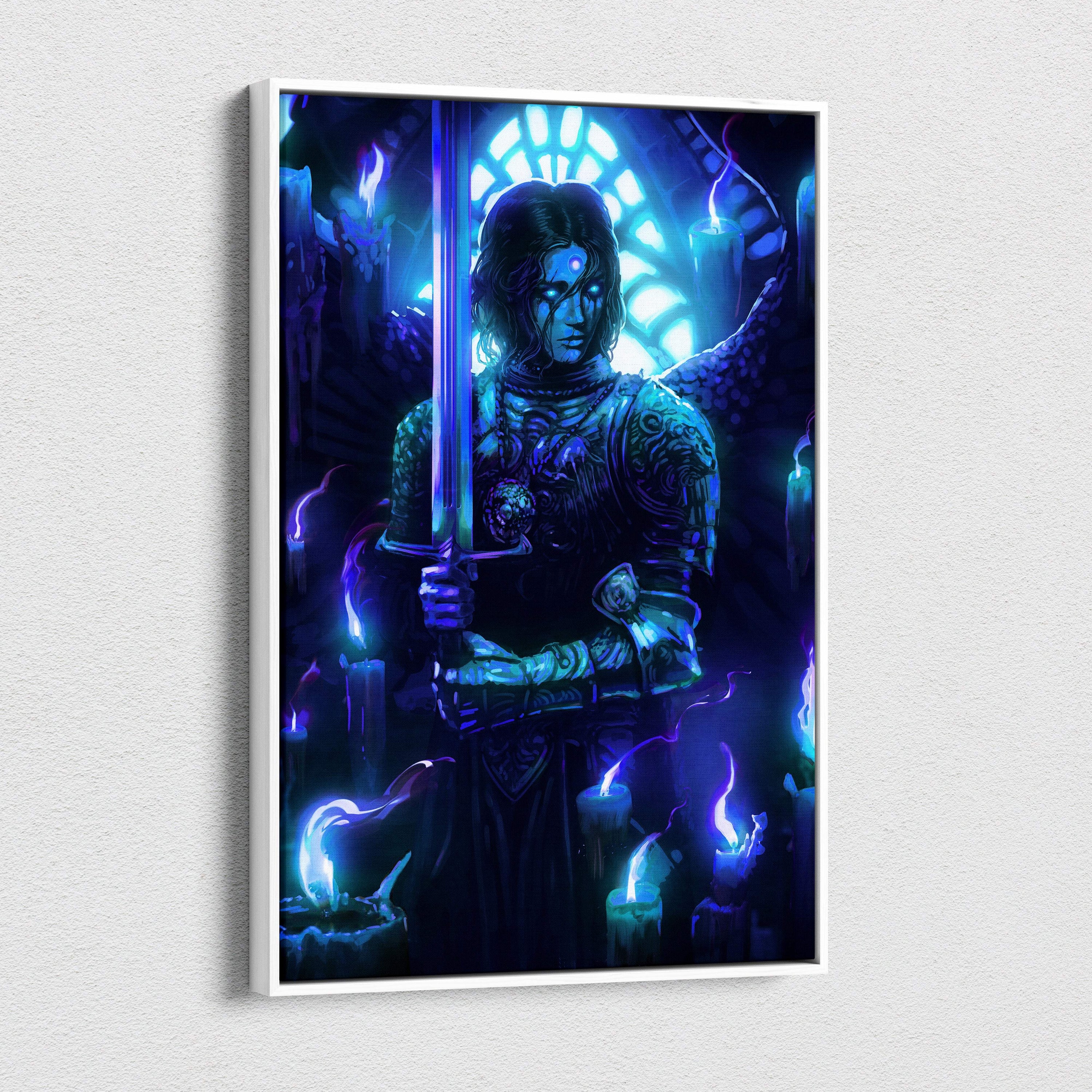 A framed mystic blue angel warrior canvas art with a dark armored figure holding a glowing sword by stained glass