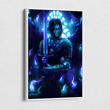 A framed mystic blue angel warrior canvas art with a dark armored figure holding a glowing sword by stained glass