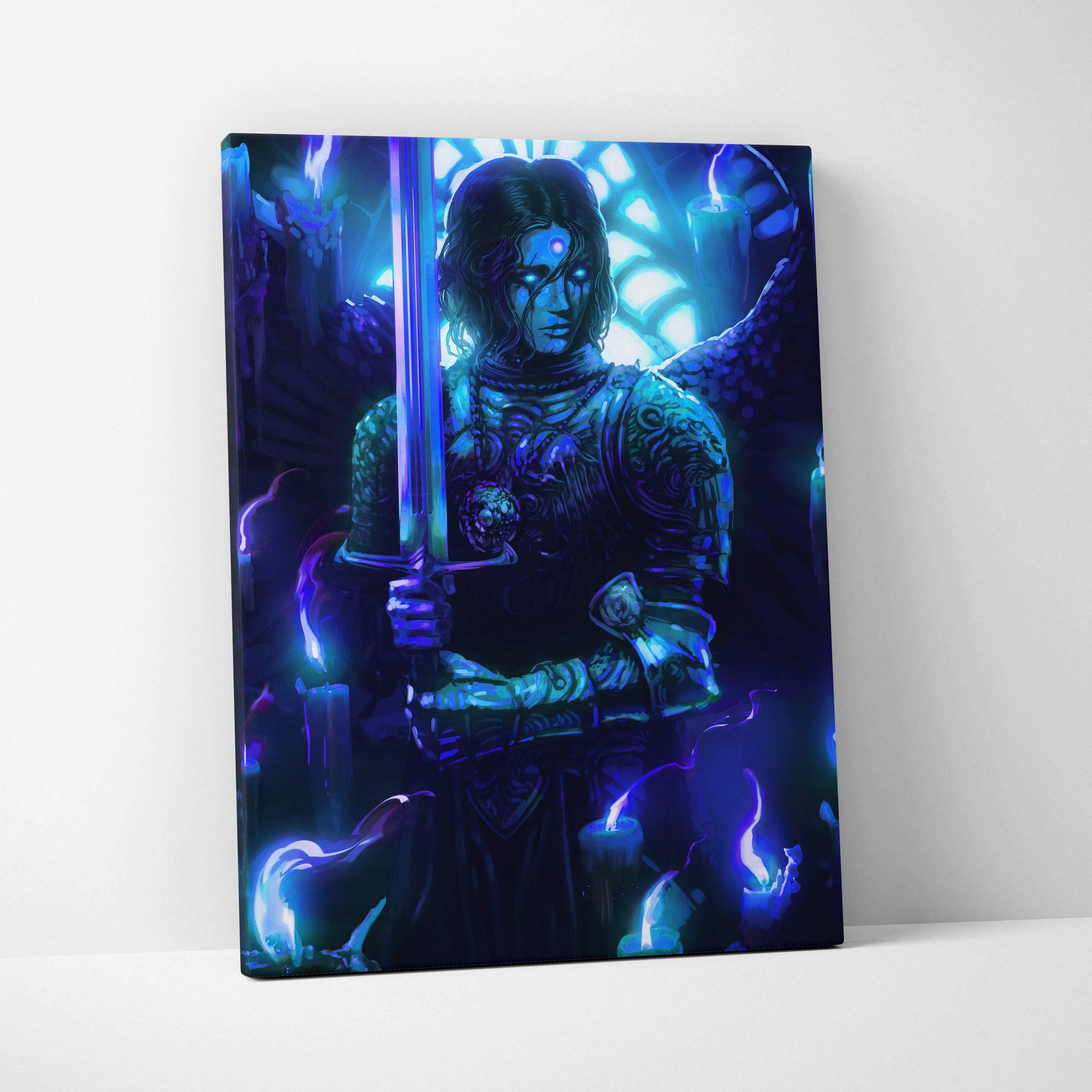 A vibrant blue fantasy canvas print of an armored warrior with glowing eyes and wings holding a sword among candles