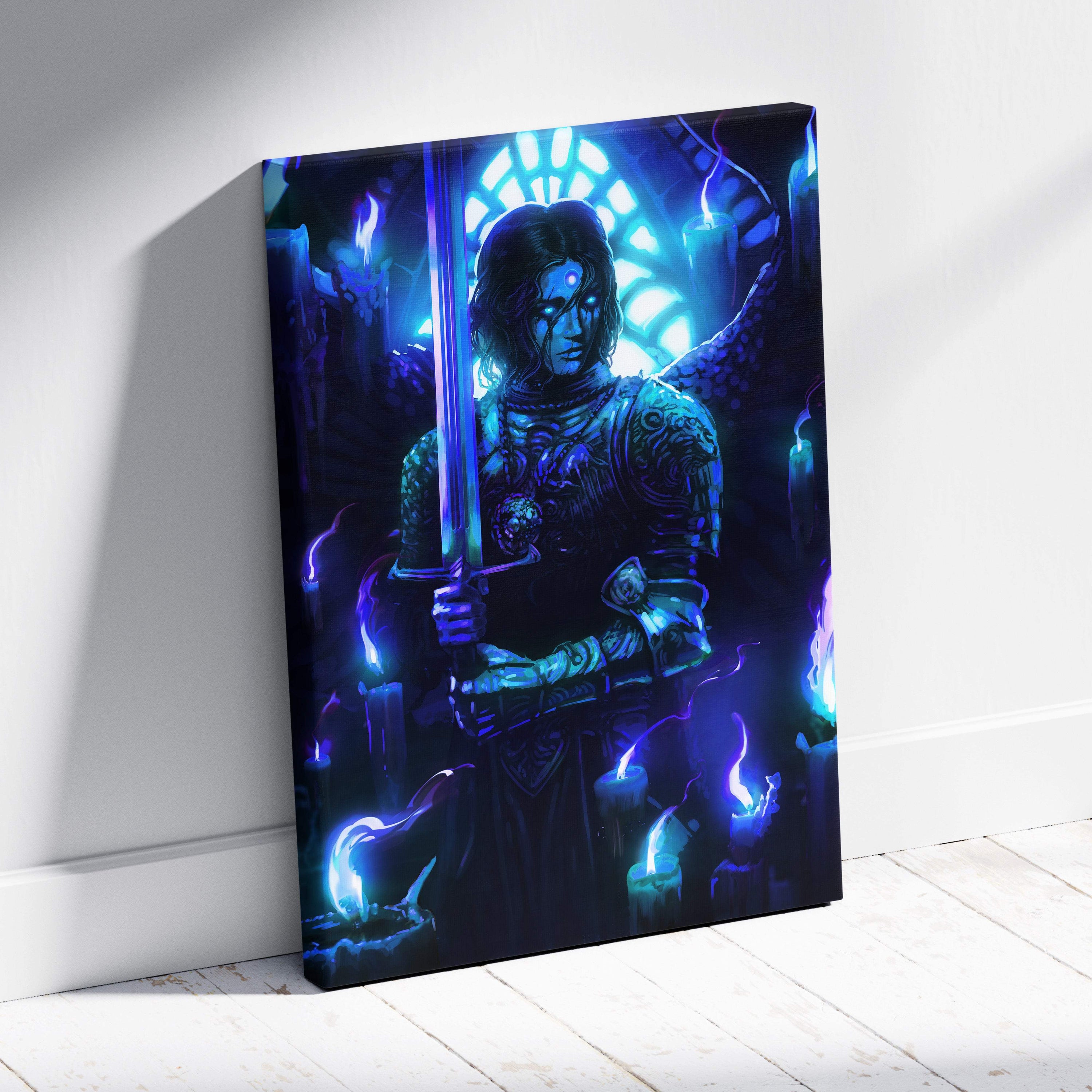Vibrant blue and purple fantasy canvas art of armored angel warrior with glowing sword and neon blue aura wall decor