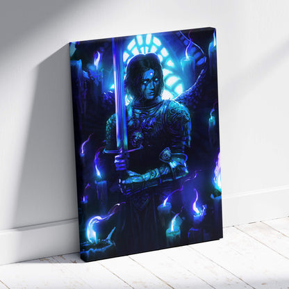 Vibrant blue and purple fantasy canvas art of armored angel warrior with glowing sword and neon blue aura wall decor