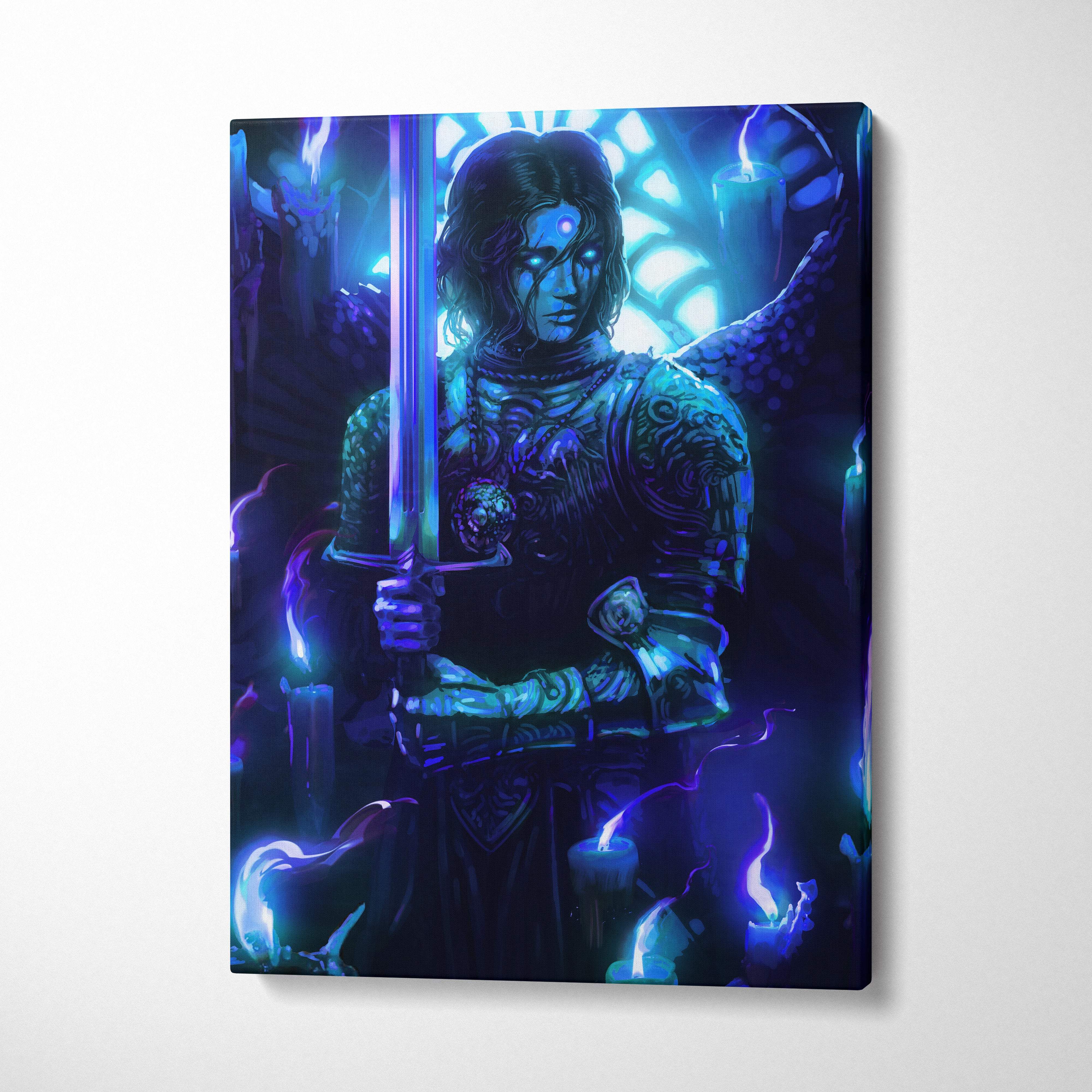 Darkly lit fantasy canvas print of an armored warrior with glowing blue eyes and wings holding a sword with candlelight