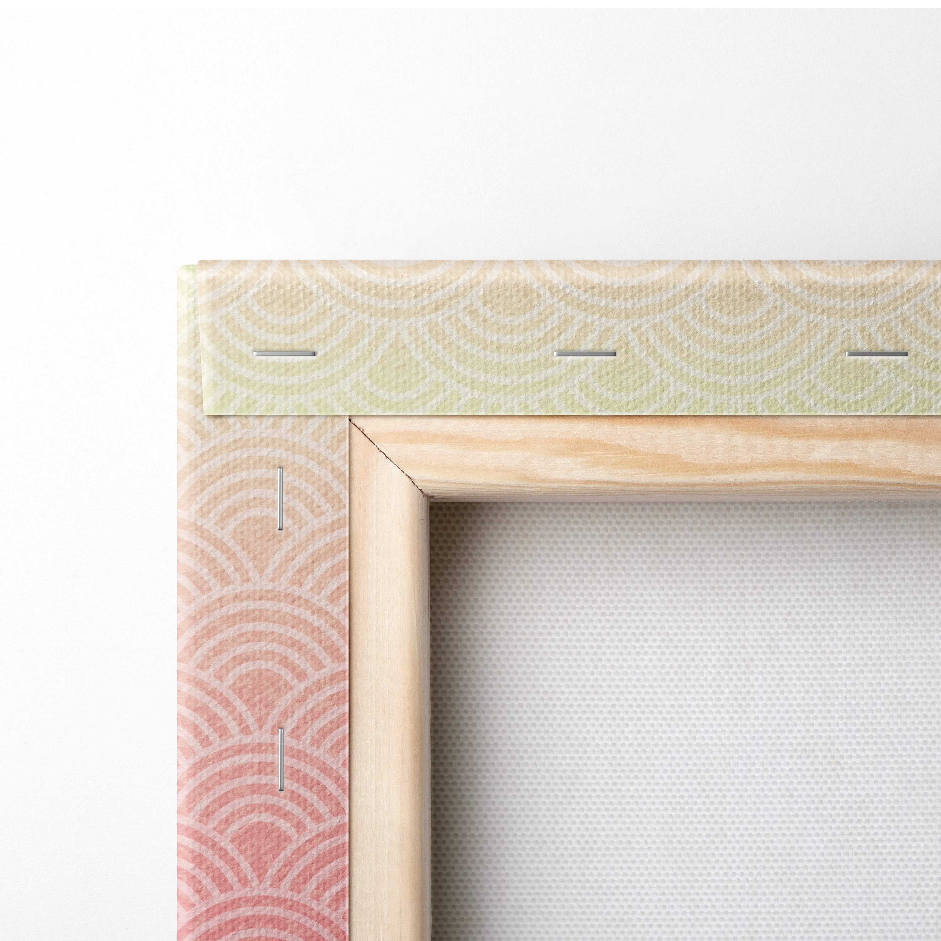 A wooden canvas frame with light pink and pale green wave pattern fabric border on purple japanese dragon wave art