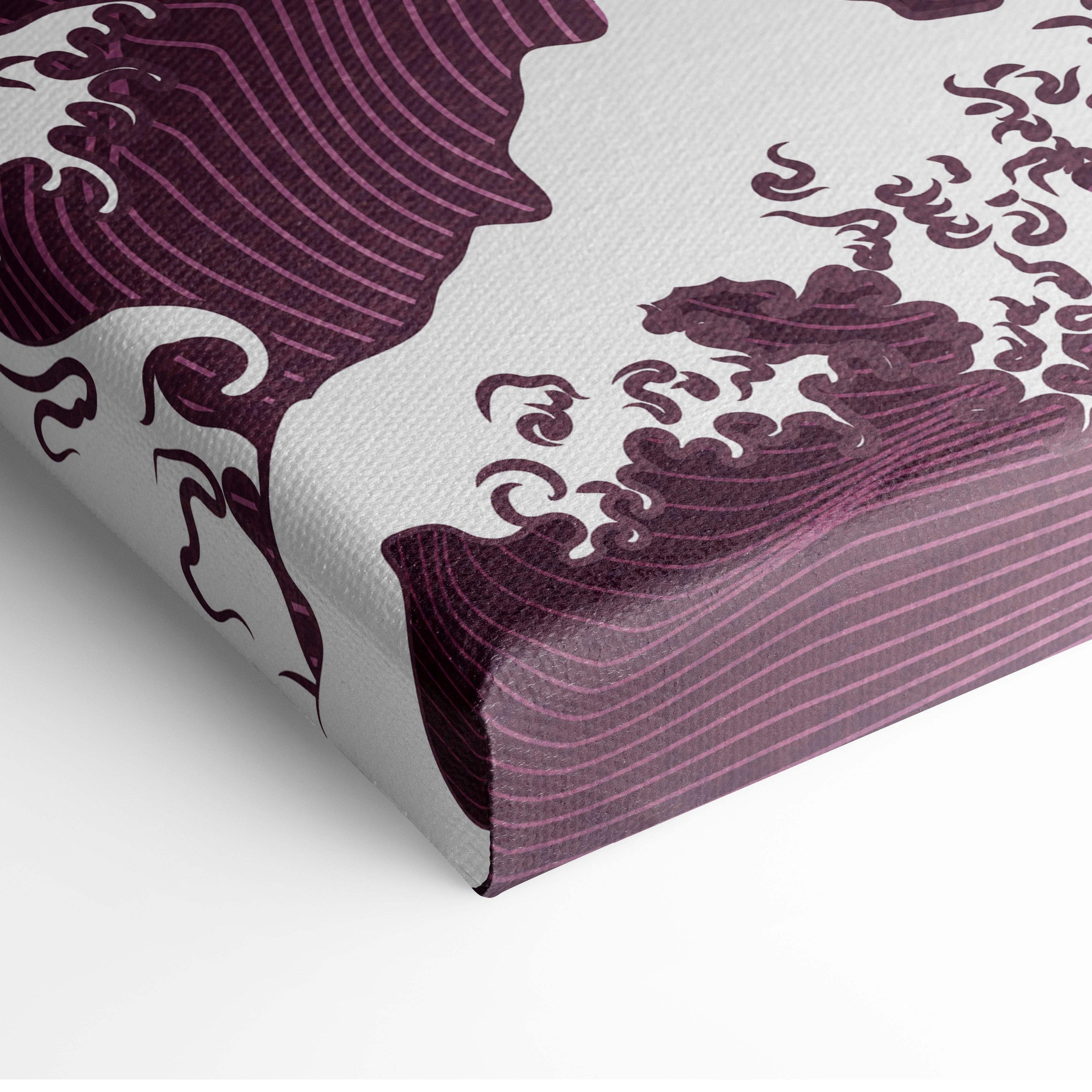 Purple japanese dragon wave canvas wall art with deep purple stylized wave and textured fabric edges for bold decor