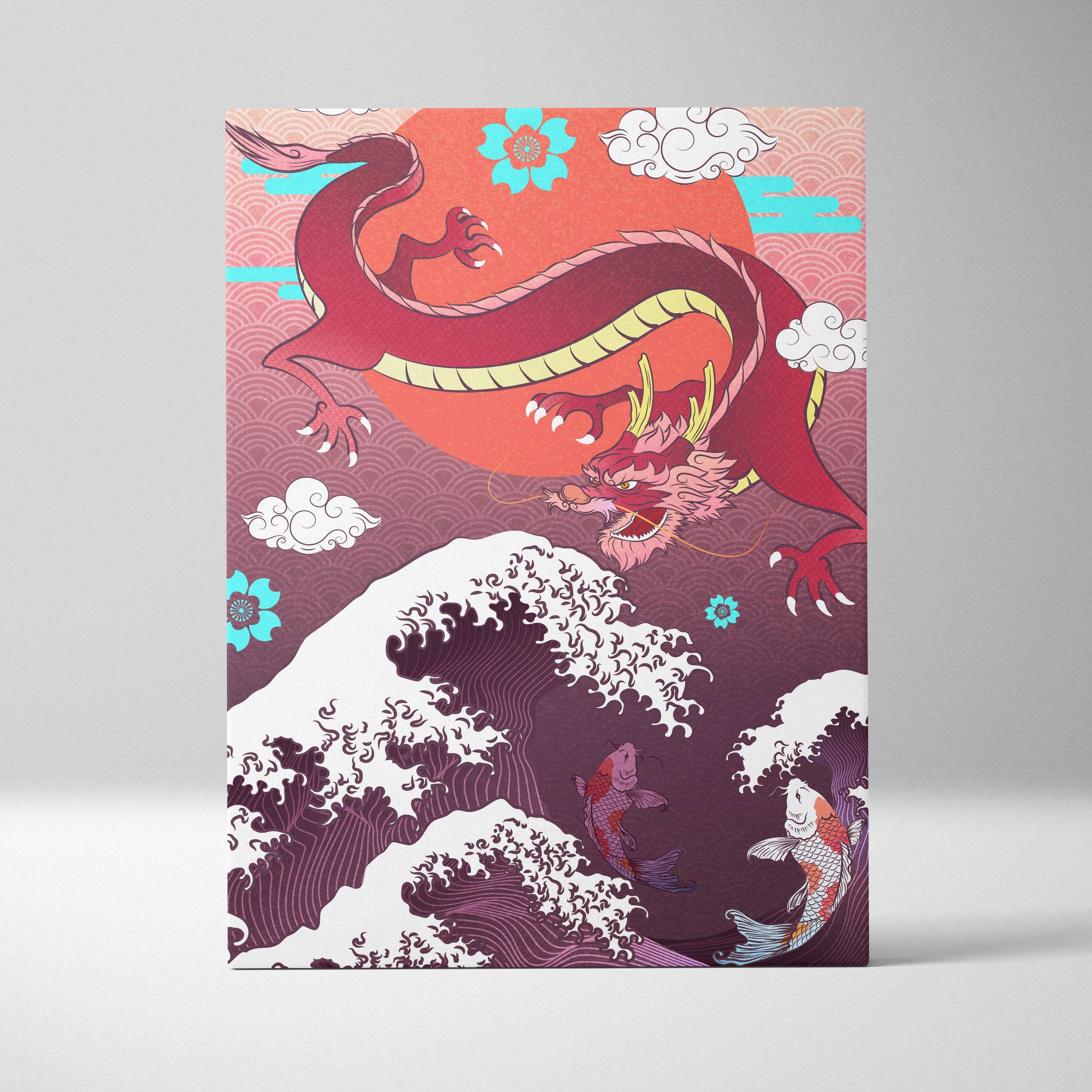 Purple japanese dragon wave canvas wall art featuring a vibrant red dragon with golden accents over koi fish waves