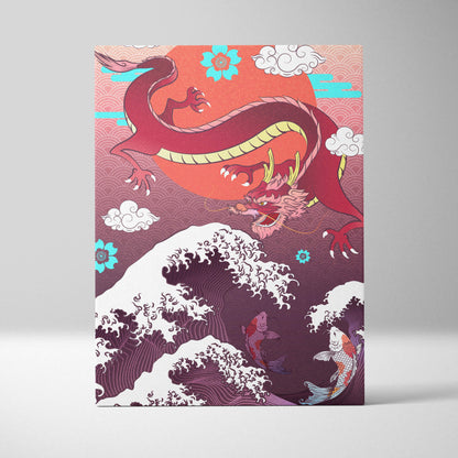 Purple japanese dragon wave canvas wall art featuring a vibrant red dragon with golden accents over koi fish waves