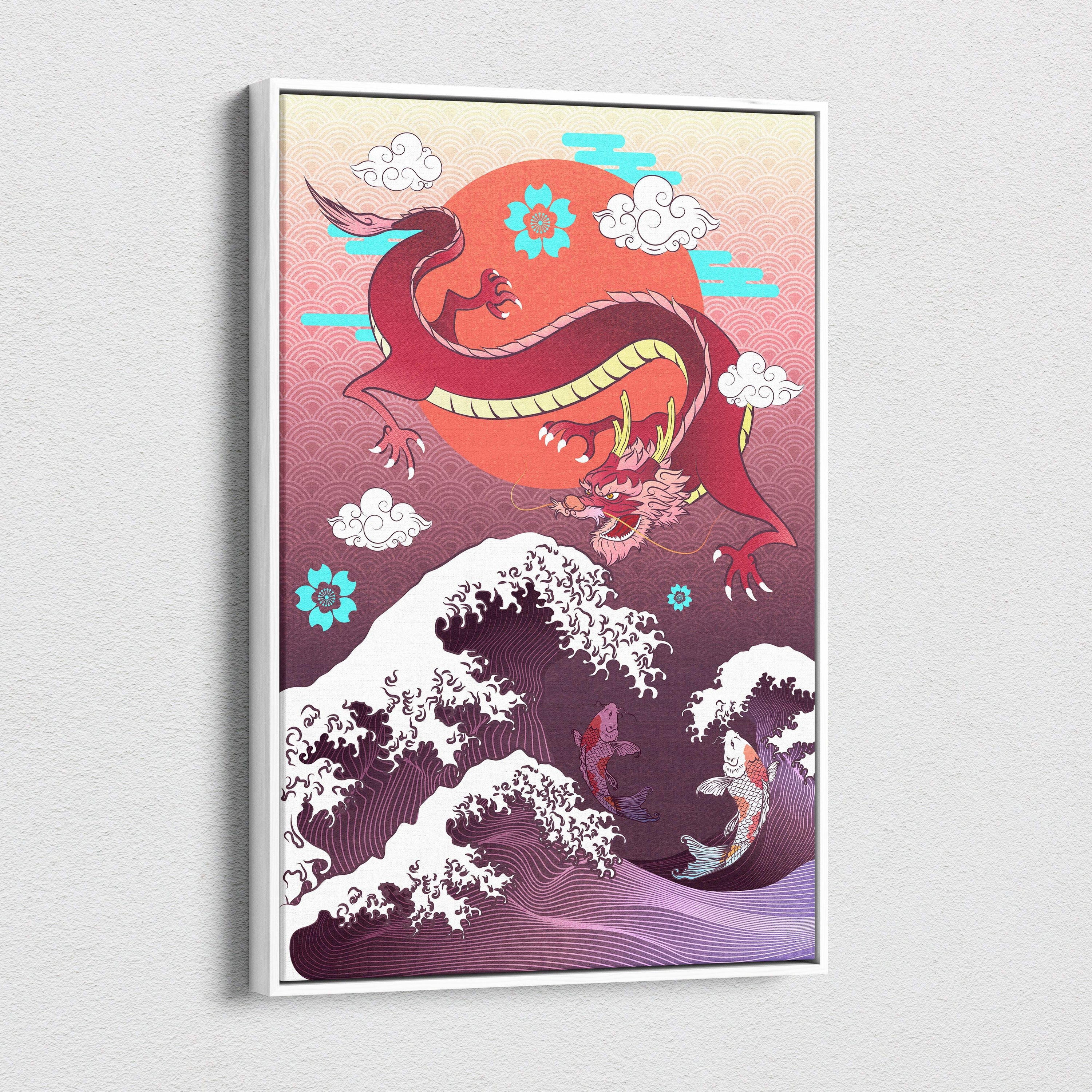 A vibrant red and gold dragon canvas wall art with purple waves and koi fish for game room or living room decor