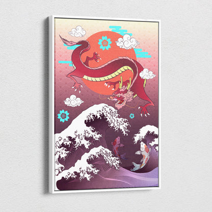 A vibrant red and gold dragon canvas wall art with purple waves and koi fish for game room or living room decor