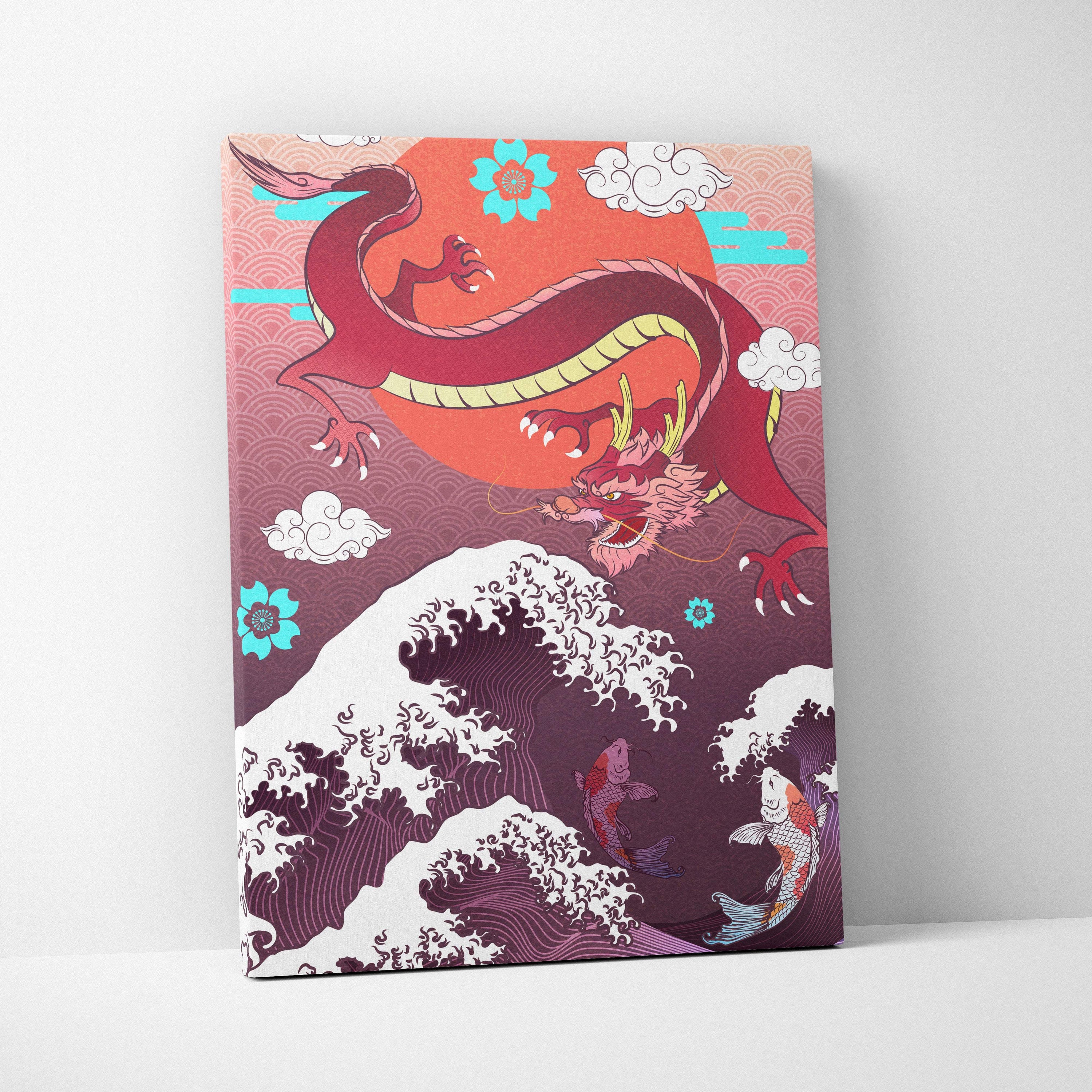 Purple japanese dragon wave canvas wall art featuring a vibrant red dragon with golden horns over stylized waves and flowers