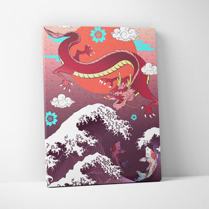 Purple japanese dragon wave canvas wall art featuring a vibrant red dragon with golden horns over stylized waves and flowers