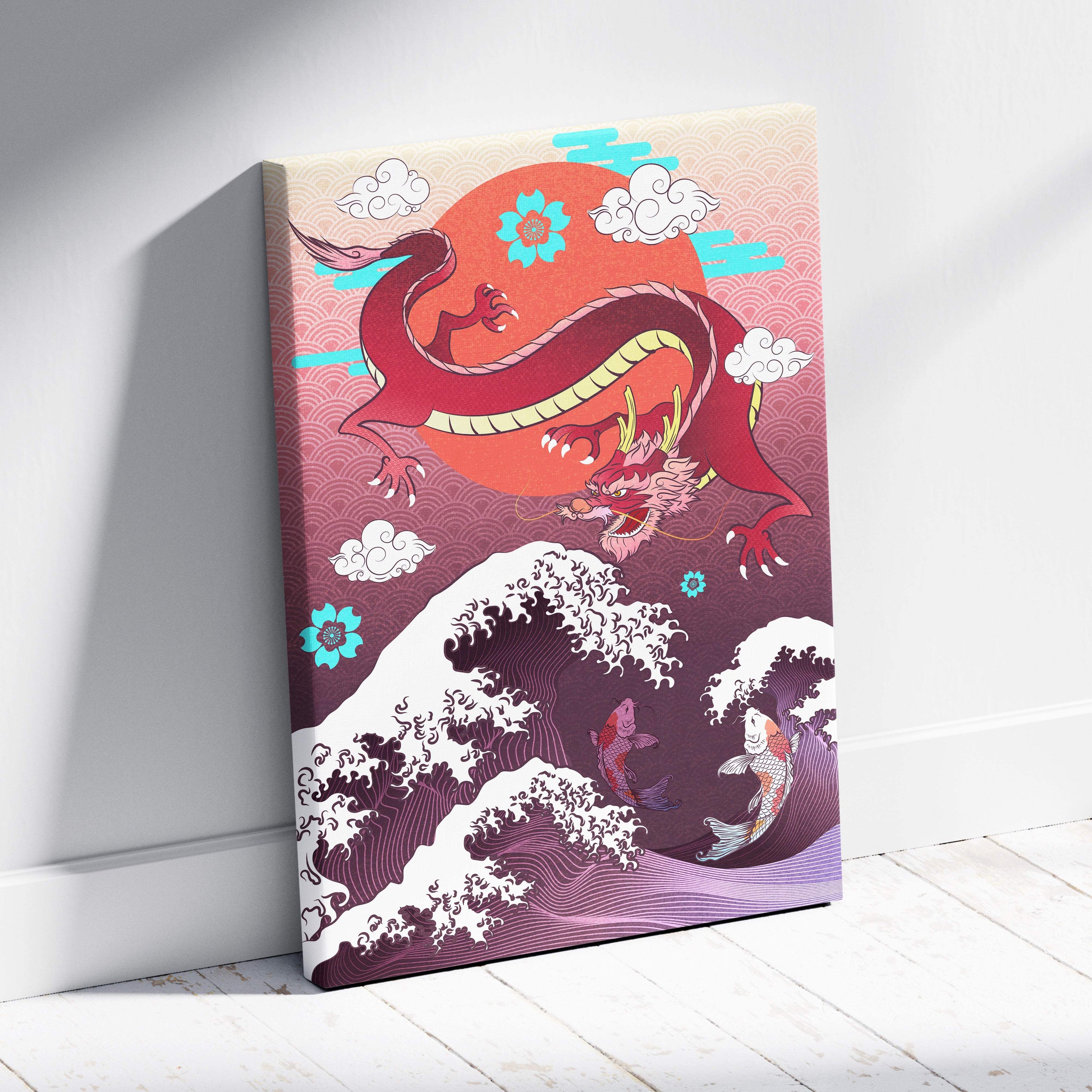 Vibrant red dragon canvas print with gold detailing against orange sun and purple waves for living room wall art