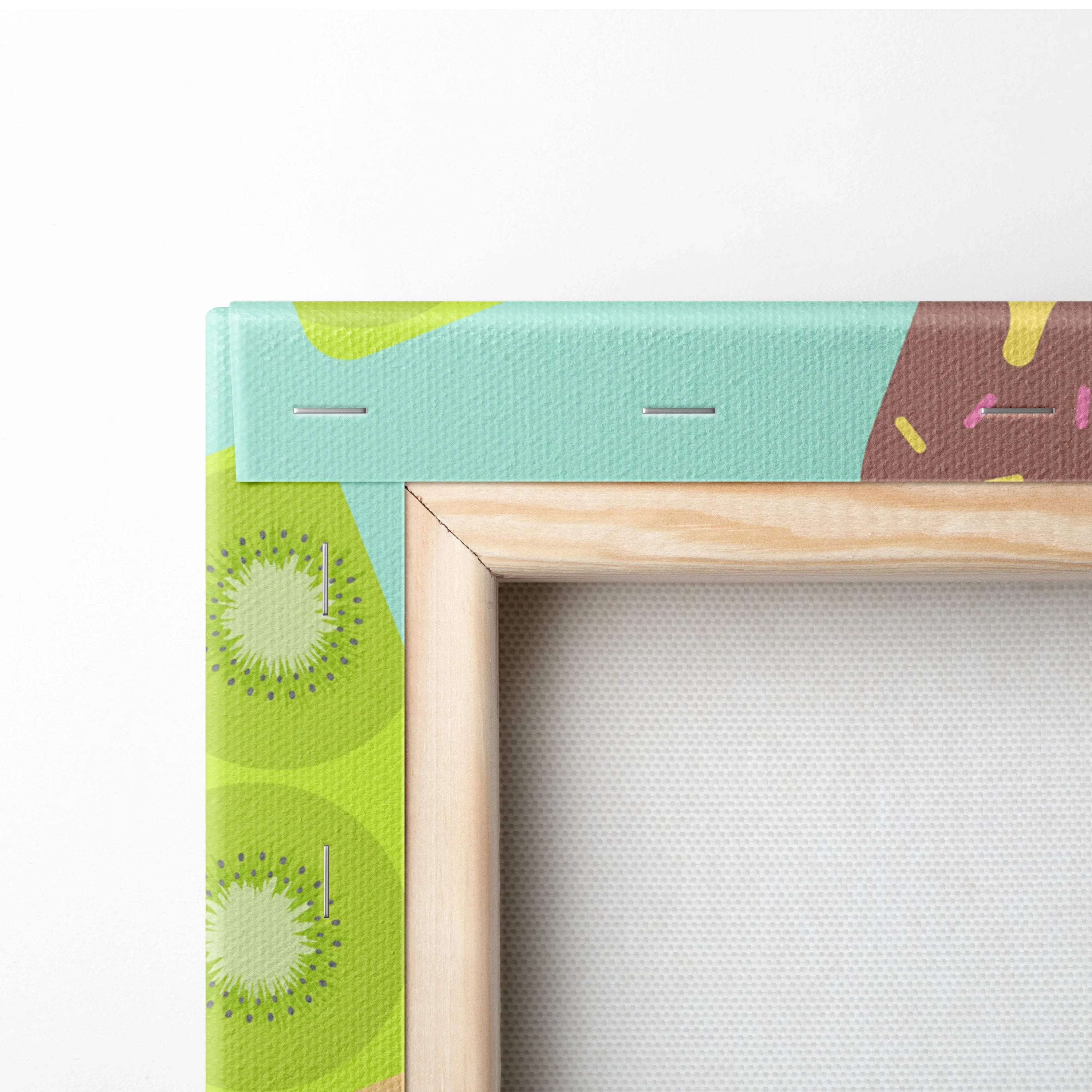 Vibrant kiwi slice canvas print in mint green with seeds on light wood frame