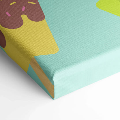 Vibrant cartoon ice cream cone with chocolate sauce, pink sprinkles on teal background