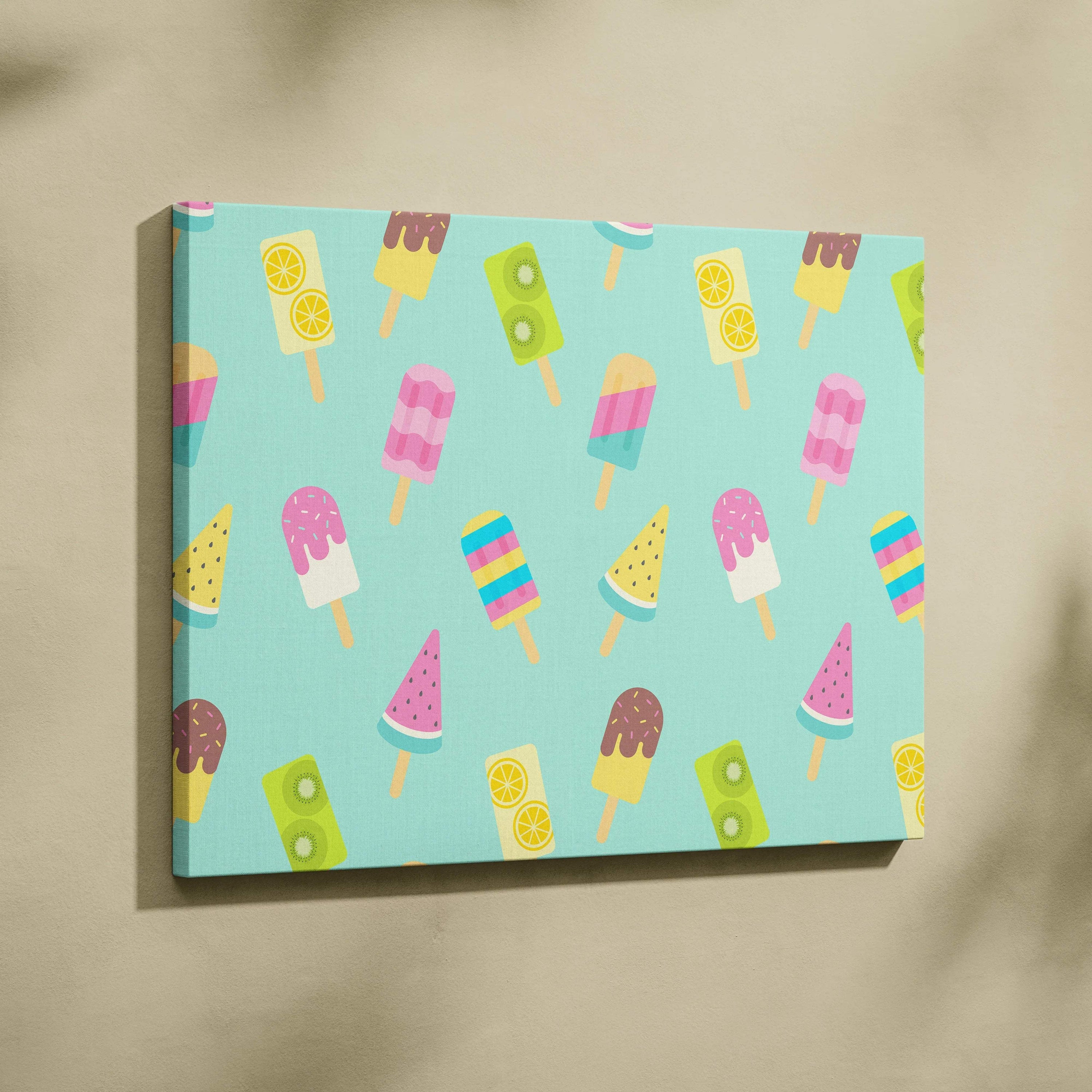 Vibrant turquoise canvas print of pastel mint green popsicle pattern with watermelon treats