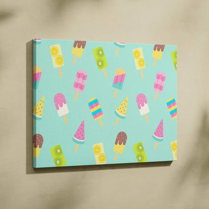 Vibrant turquoise canvas print of pastel mint green popsicle pattern with watermelon treats