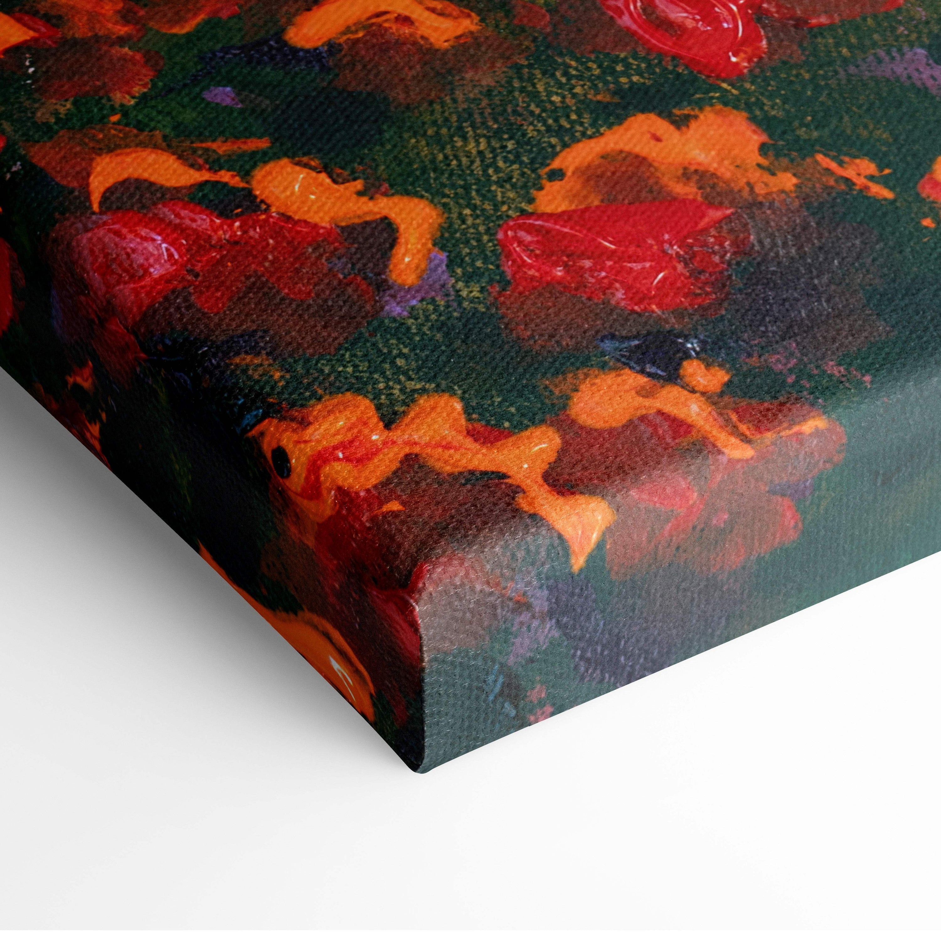 Golden sunset field canvas print with vibrant red and orange brushstrokes on deep green textured oil painting background