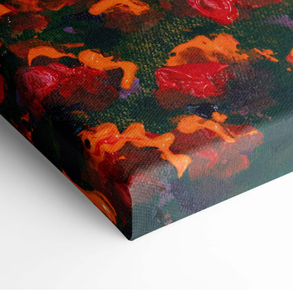Golden sunset field canvas print with vibrant red and orange brushstrokes on deep green textured oil painting background