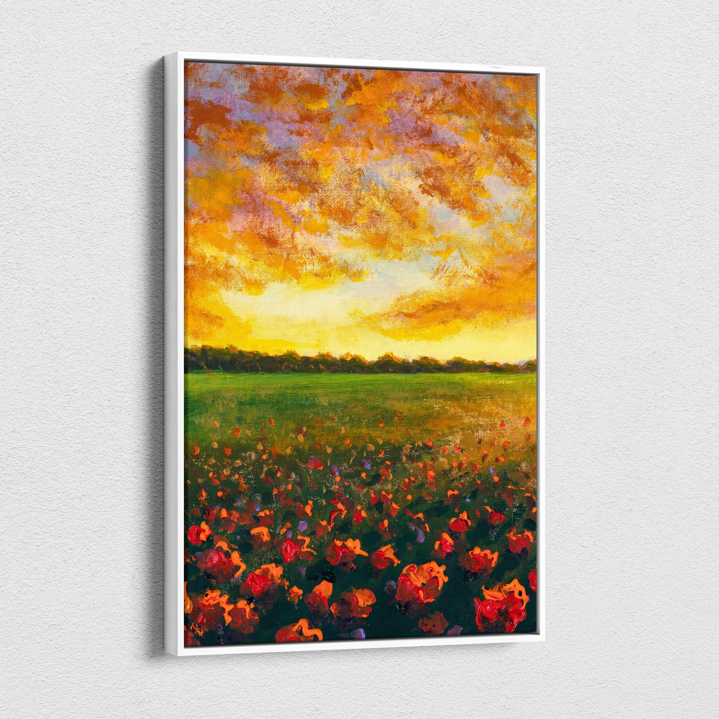Golden sunset field canvas print showing vibrant red and orange poppies and a swirling yellow and purple sky in a white frame