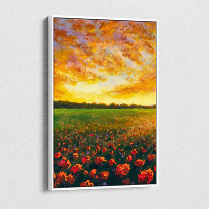 Golden sunset field canvas print showing vibrant red and orange poppies and a swirling yellow and purple sky in a white frame