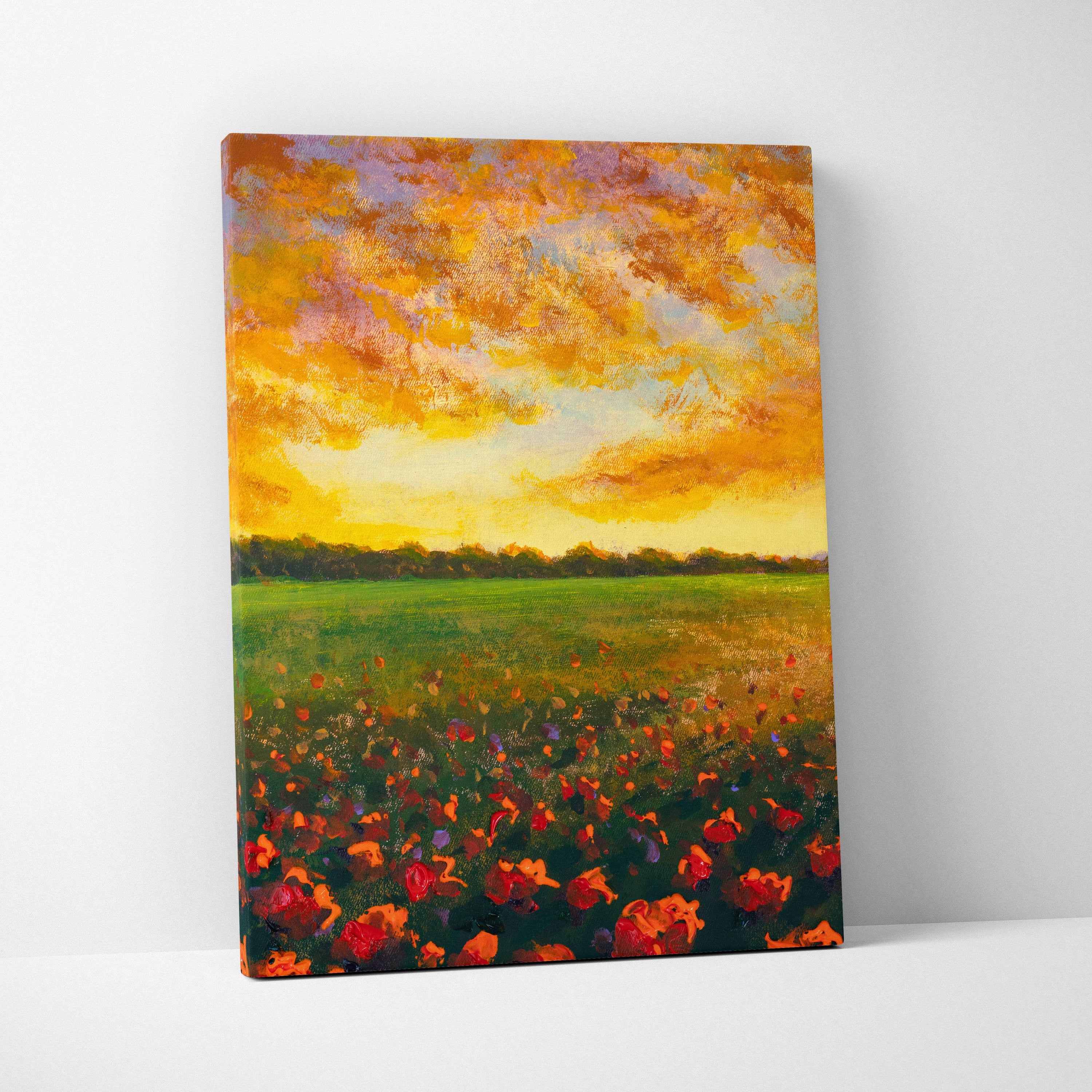 Golden sunset field canvas print showing vibrant red and orange poppies under a warm yellow and purple sky