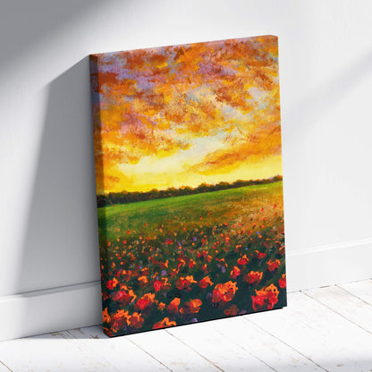 Vibrant canvas print of a golden sunset field with red poppies and lush green meadow in impressionist oil style