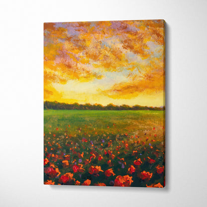 Vibrant golden sunset field canvas print featuring red poppies under an orange and purple sky in oil painting style