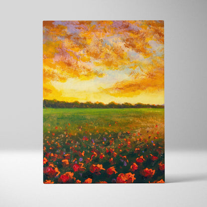 Vibrant impressionist canvas print of a sunlit field with red poppies and golden orange sky in oil painting style
