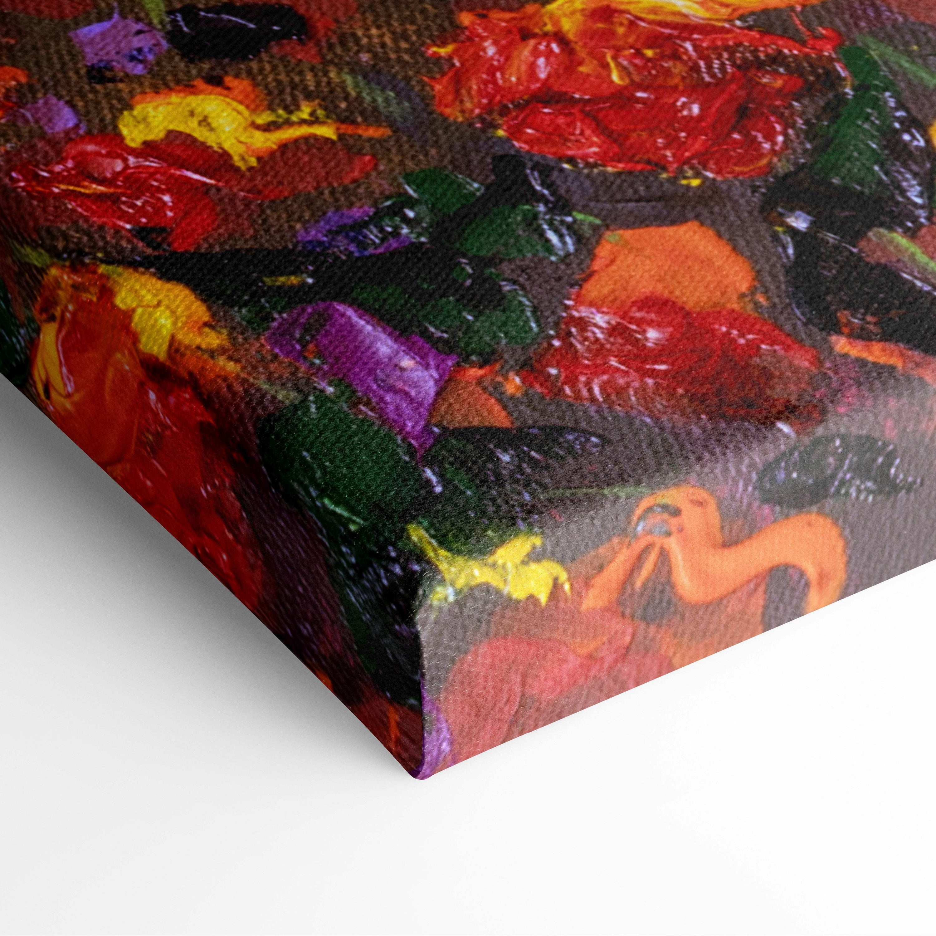 Vibrant fiery sunset flower field canvas print with bold red yellow green purple and orange paint strokes on dark background