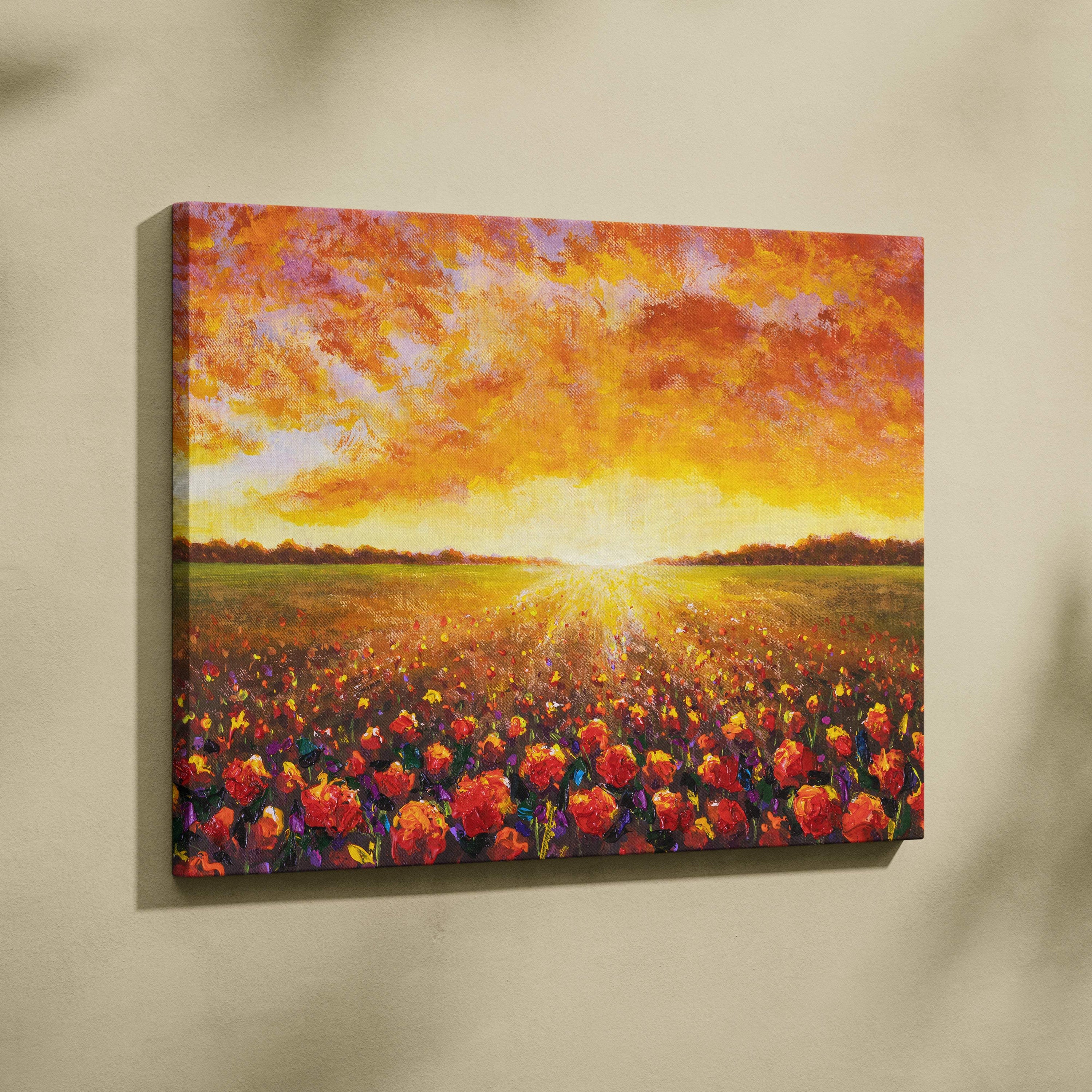 Vibrant canvas print of a sunlit field of red flowers under an orange and yellow sky wall art landscape