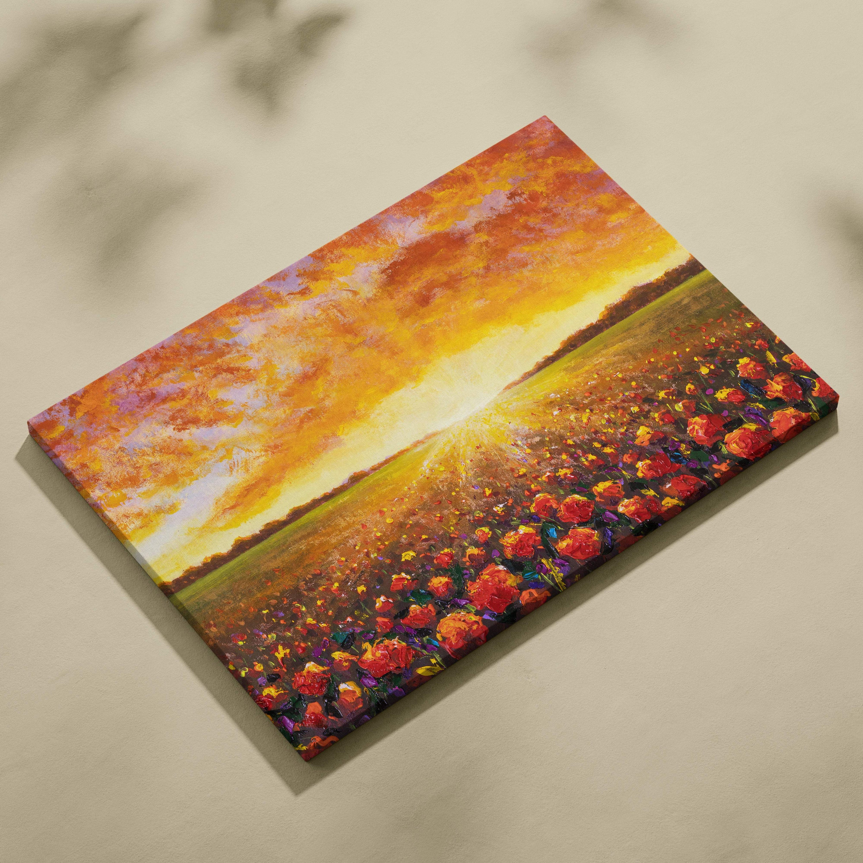 Vibrant canvas print of a fiery sunset flower field with red poppies and glowing orange yellow sky landscape wall art