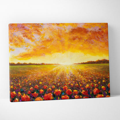 Vibrant canvas print of a fiery sunset flower field with red and orange poppies under a warm textured sky