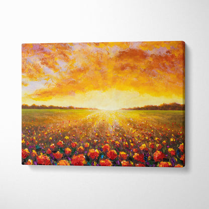 Vibrant canvas painting of a sunlit red and orange wildflower field under a warm textured sky wall art print