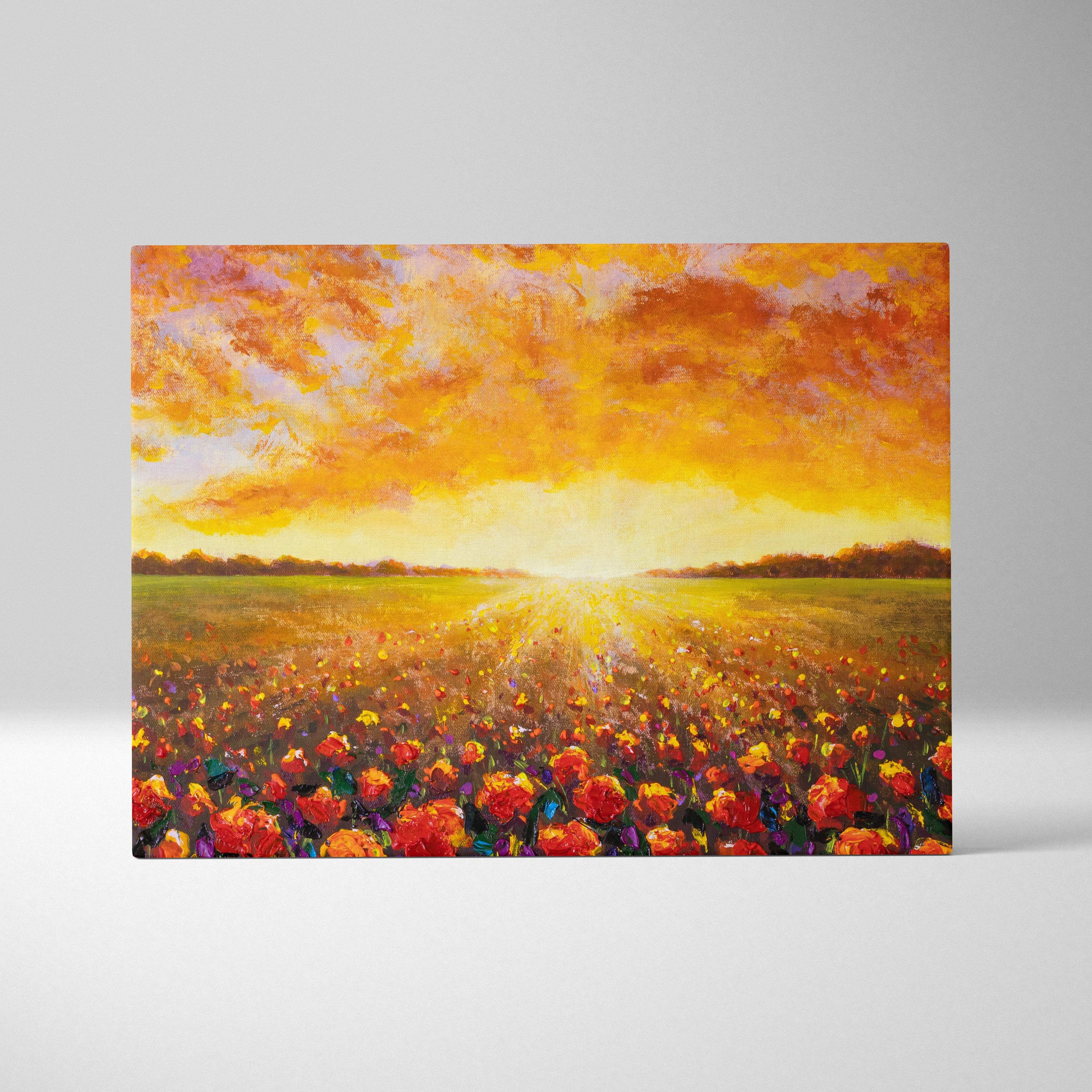 Fiery sunset flower field painting style wall art with vibrant orange yellow and red poppies on textured canvas print