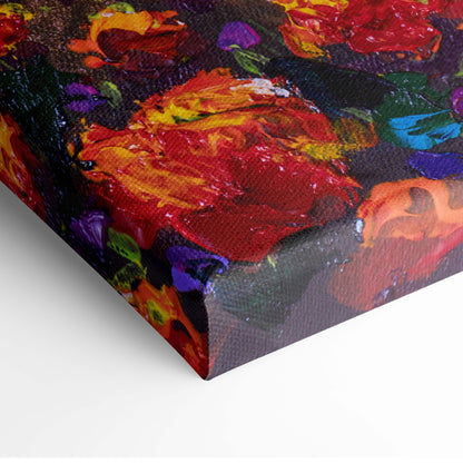 Radiant sunset flower field canvas print with bold reds purples yellows in textured impasto oil painting style