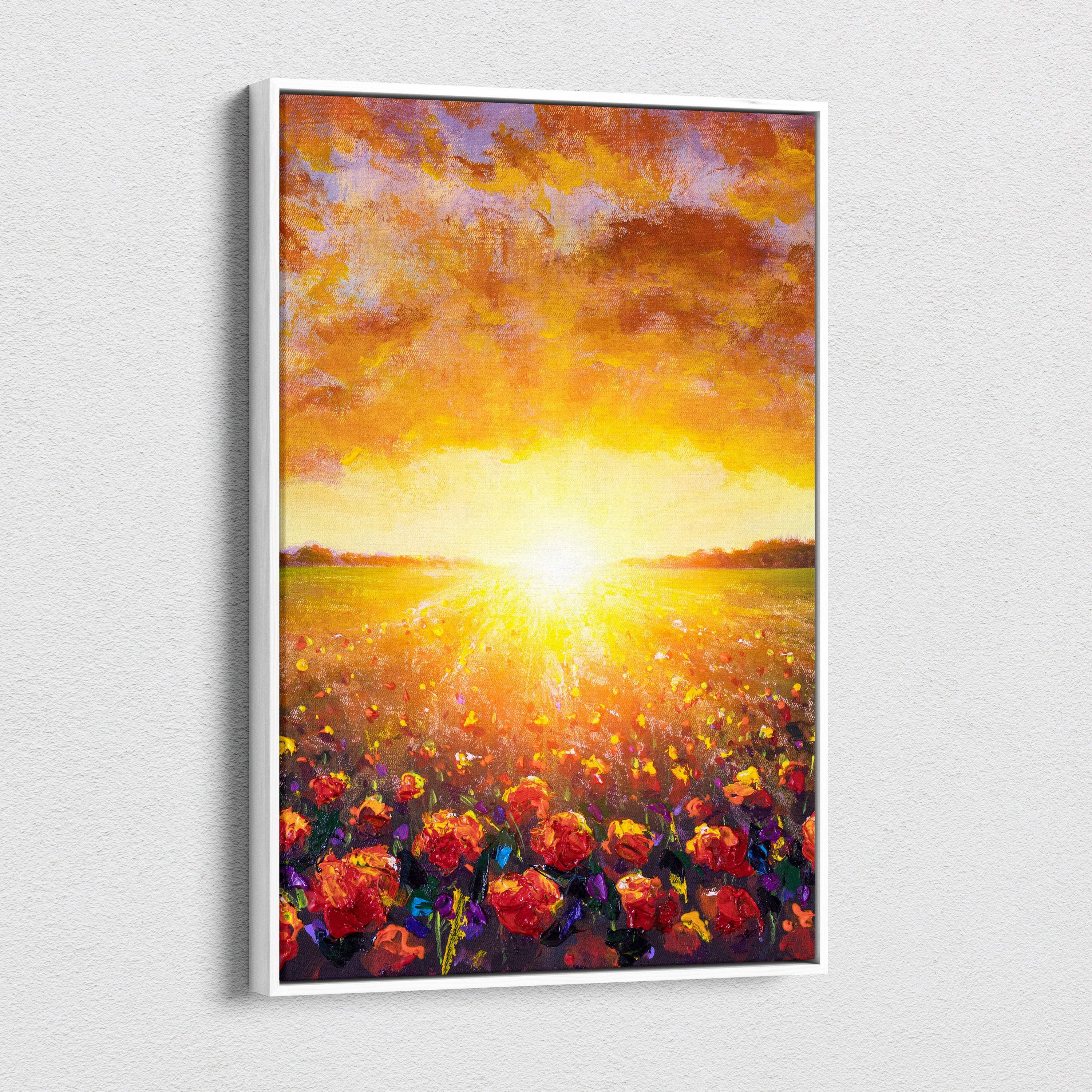 Vibrant radiant sunset flower field canvas print featuring red blossoms under a warm orange sky with a glowing sun