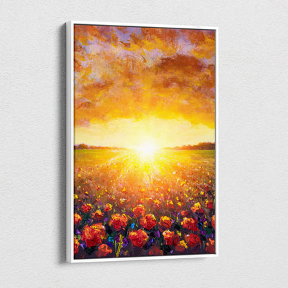 Vibrant radiant sunset flower field canvas print featuring red blossoms under a warm orange sky with a glowing sun